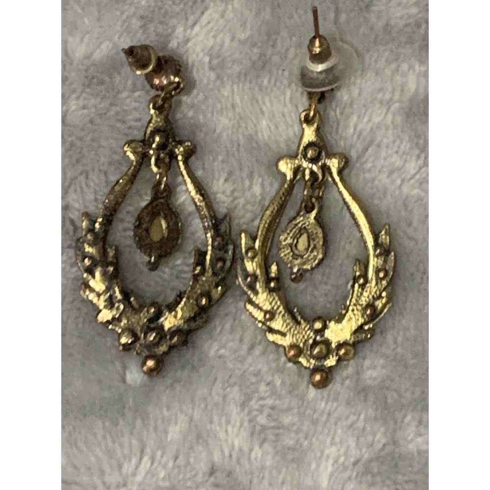 Vintage Style Laurel Wreath Dangle Teardrop Earrings Gold Tone Green Rhinestones - Picture 7 of 15